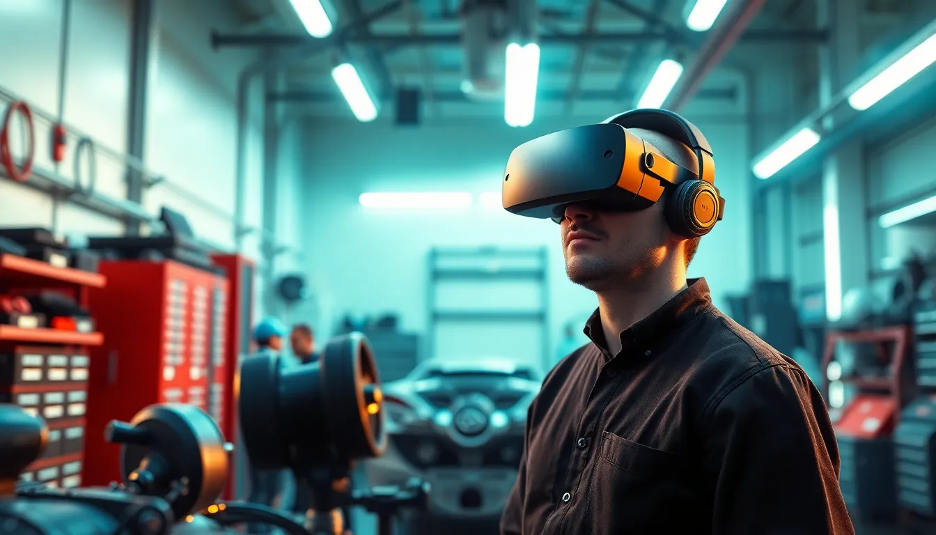 Session de formation immersive en réalité virtuelle pour mécaniciens dans un atelier moderne avec casques VR et composants automobiles.
