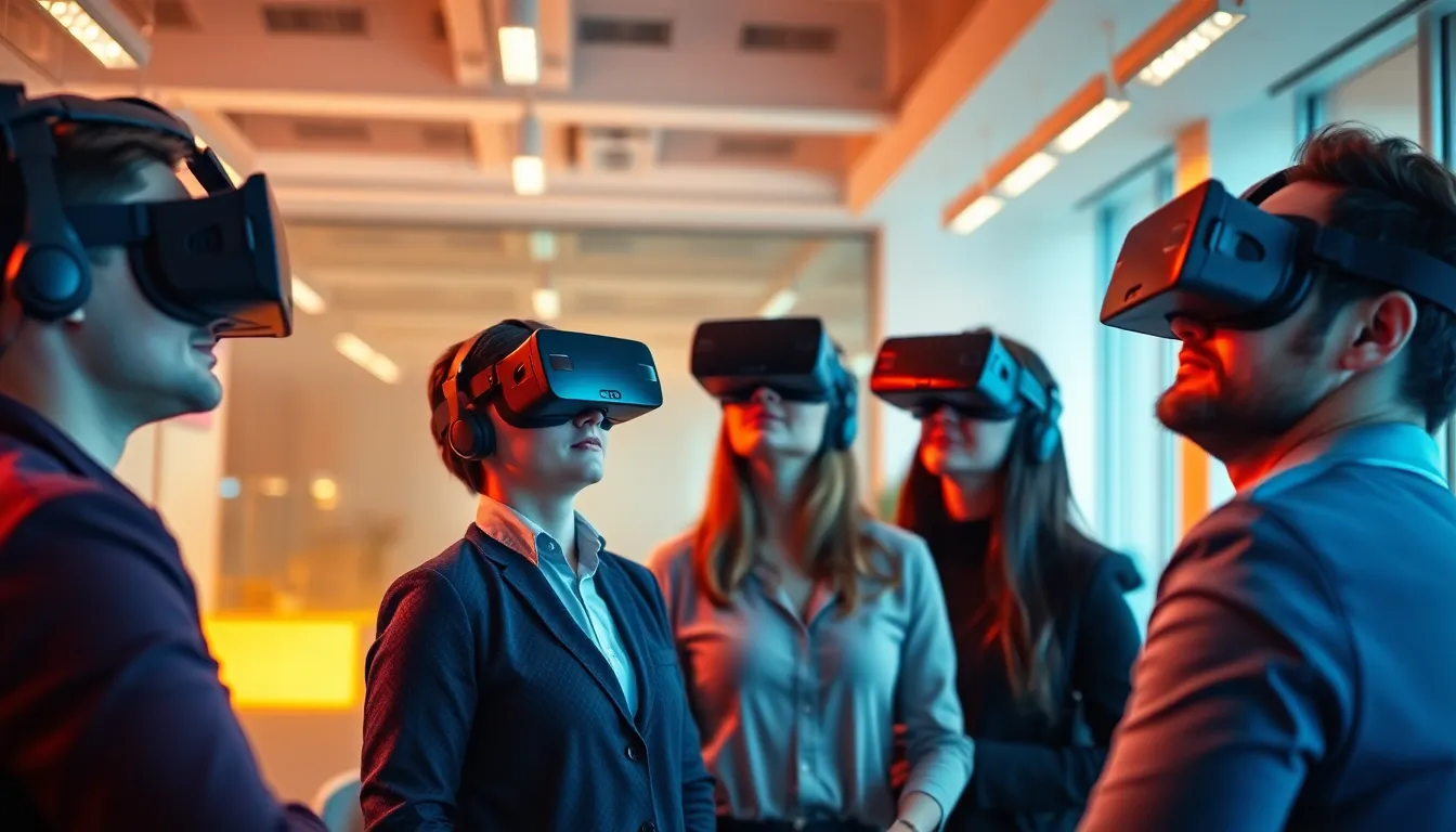 Session de formation professionnelle moderne avec participants utilisant des casques VR pour une expérience immersive.