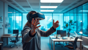 Configuration de réalité virtuelle dans un bureau moderne, représentant un utilisateur utilisant la technologie VR pour améliorer les compétences au travail.