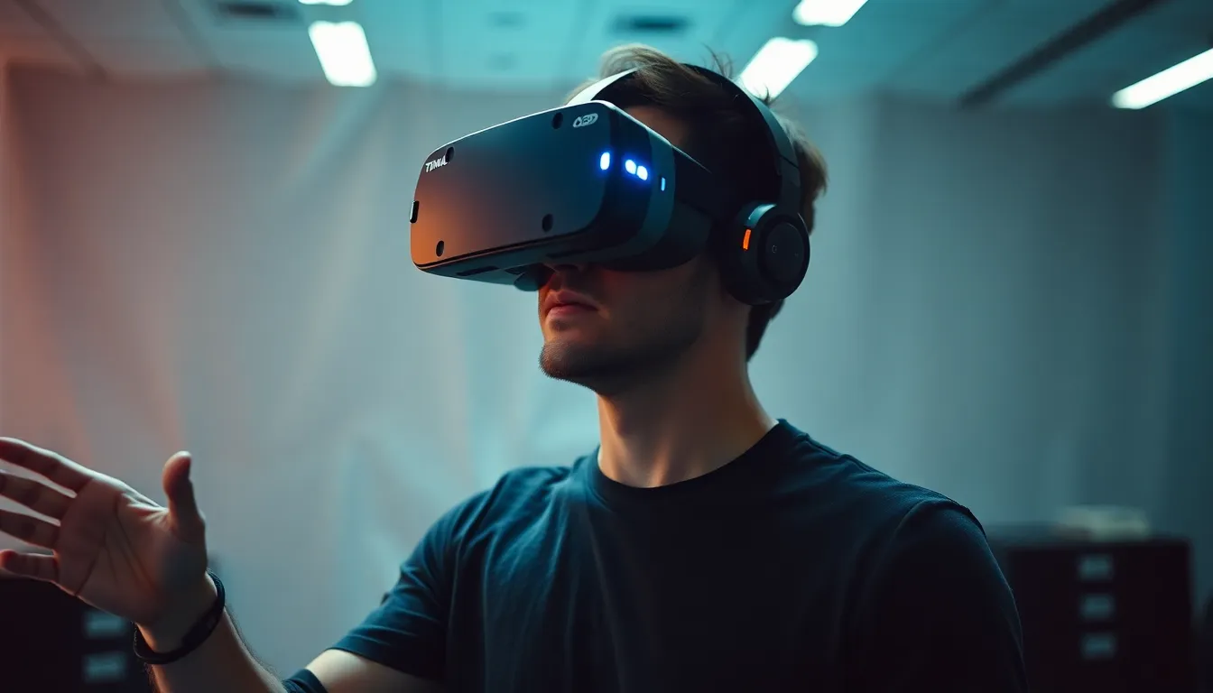 Utilisateur vivant une expérience immersive de réalité virtuelle haptique dans un environnement de formation moderne.